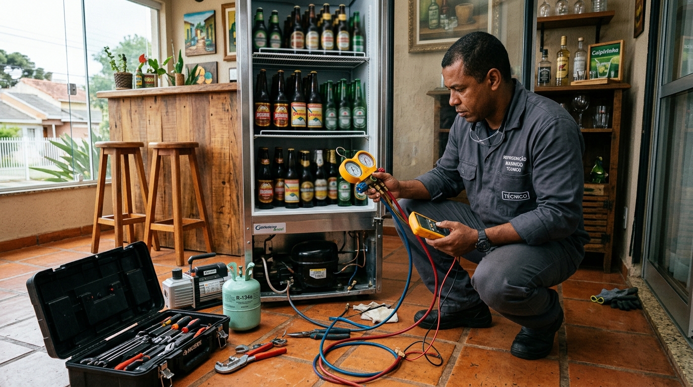 Técnico conferindo a temperatura de uma cervejeira durante atendimento em São José do Rio Preto‑SP