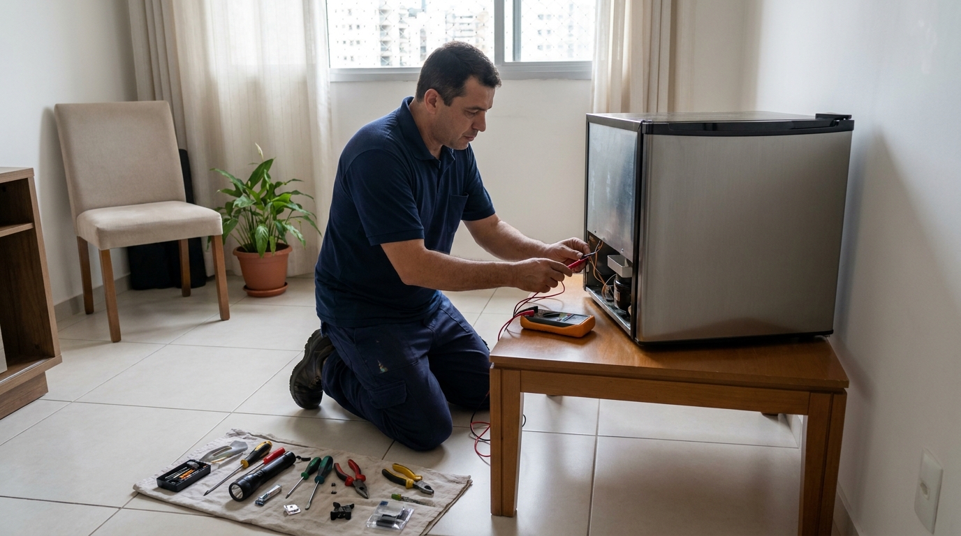 Técnico avaliando um frigobar compacto durante atendimento em São José do Rio Preto‑SP